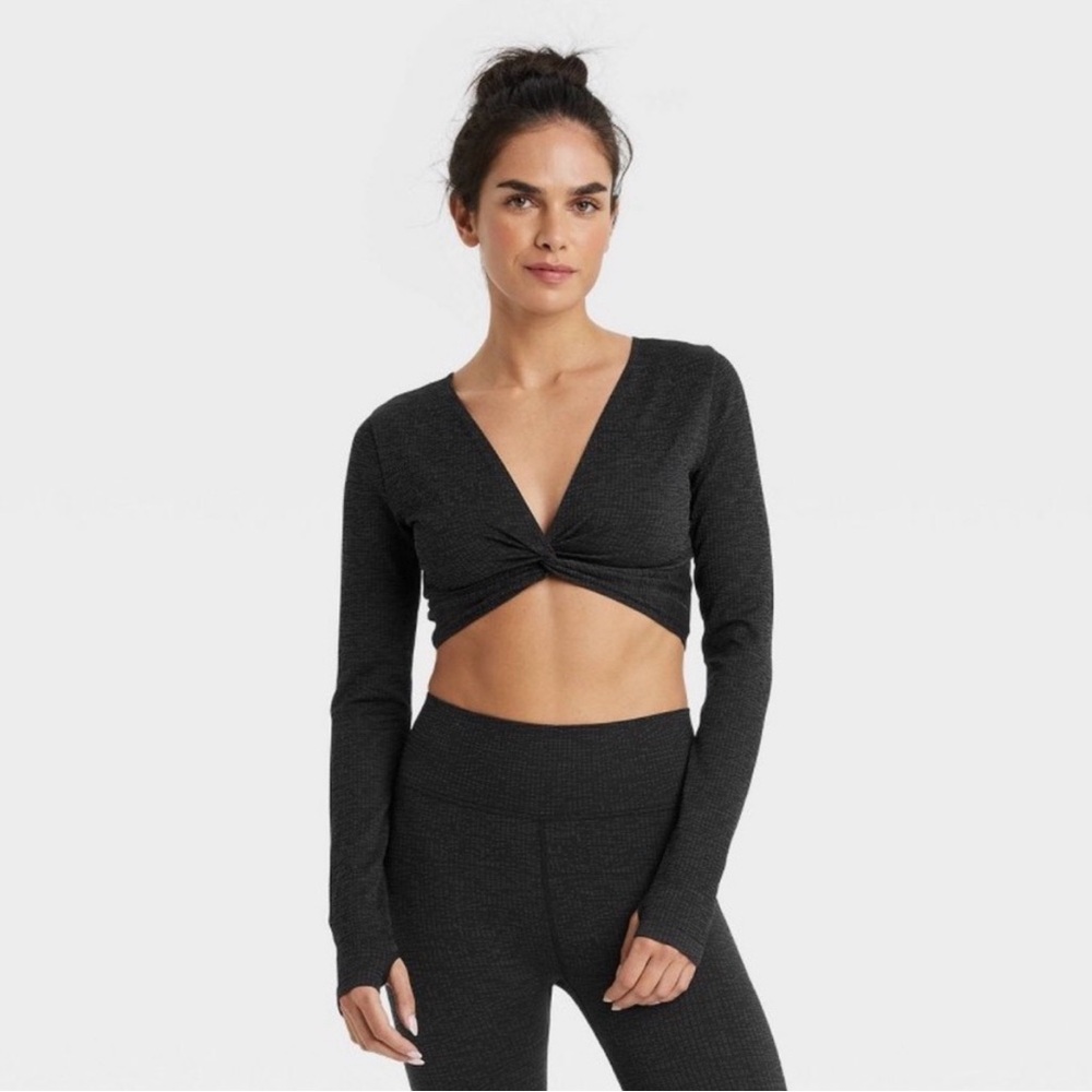 JoyLab Charcoal Athleisure Wear Two Ways Long Sleeved Cropped Top Thumbholes S